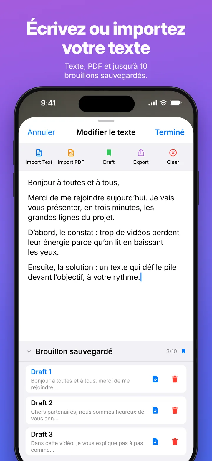 Telepromptia&nbsp;: l’éditeur de texte avec ses brouillons